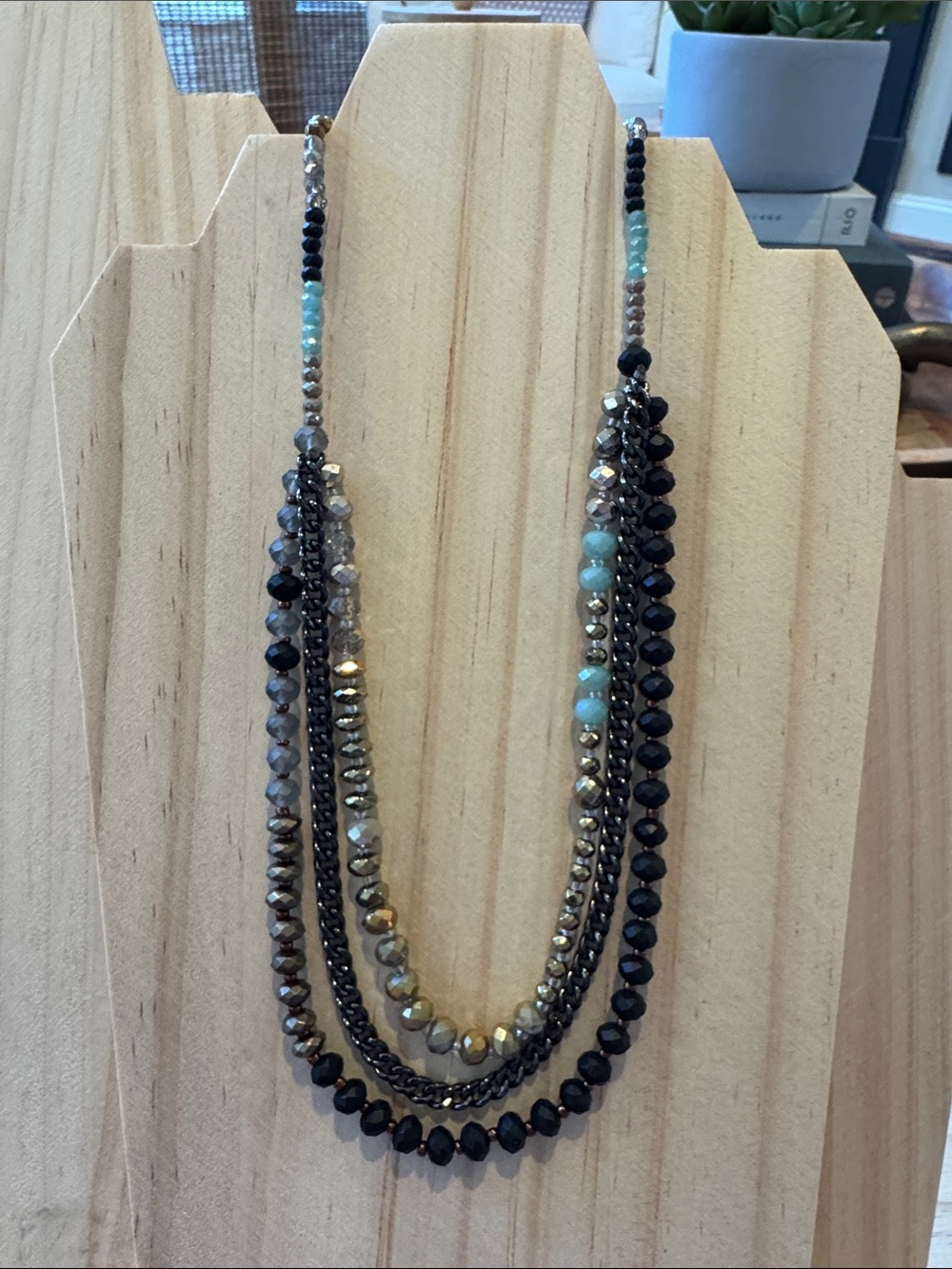 Vintage Multi-Strand Beaded Necklace in Black and Aqua